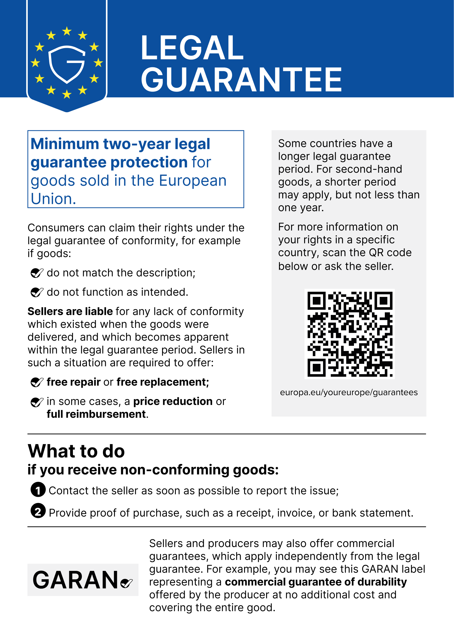 Legal guarantee — minimum two-year legal guarantee protection for goods sold in the European Union